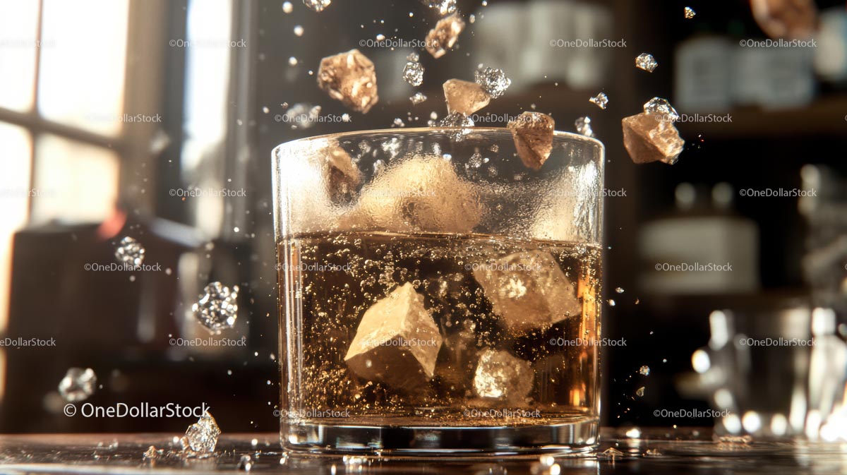 Szklanka do whisky z pryskającymi kostkami lodu w barze