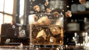 Whiskey Glass with Splashing Ice Cubes in Bar Setting
