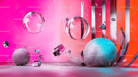 Vibrant Abstract with Floating Spheres and Glass Elements