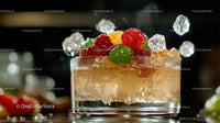 Vibrant Cocktail with Ice Cubes and Fruit Garnish