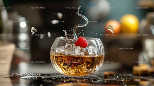 Whiskey Splash with Raspberry Garnish in Crystal Glass