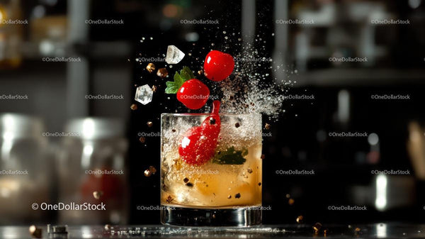 Cherry and Mint Whiskey Cocktail with Ice Splash