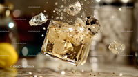 Dynamic Whiskey Splash with Ice Cubes in Glass