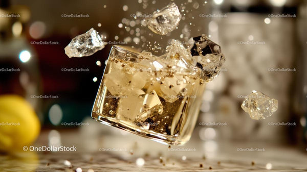 Dynamic Whiskey Splash with Ice Cubes in Glass