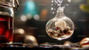 Glass Bottle with Splashing Water and Abstract Background