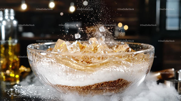 Fizzy Drink Splashing with Ice Cubes in Glass Bowl