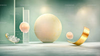 Surreal Abstract Composition with Spheres and Gold Elements