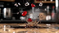 Dynamic Splash with Red Jewels and Ice Cubes