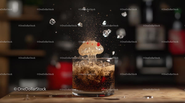 Refreshing Cola Splash with Ice and Bubbles