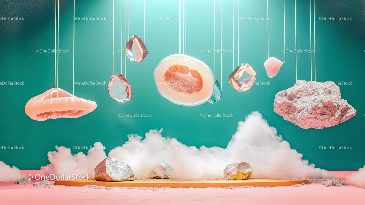 Surrealistyczne pływające kamienie szlachetne z marzycielskimi pastelowymi chmurami
