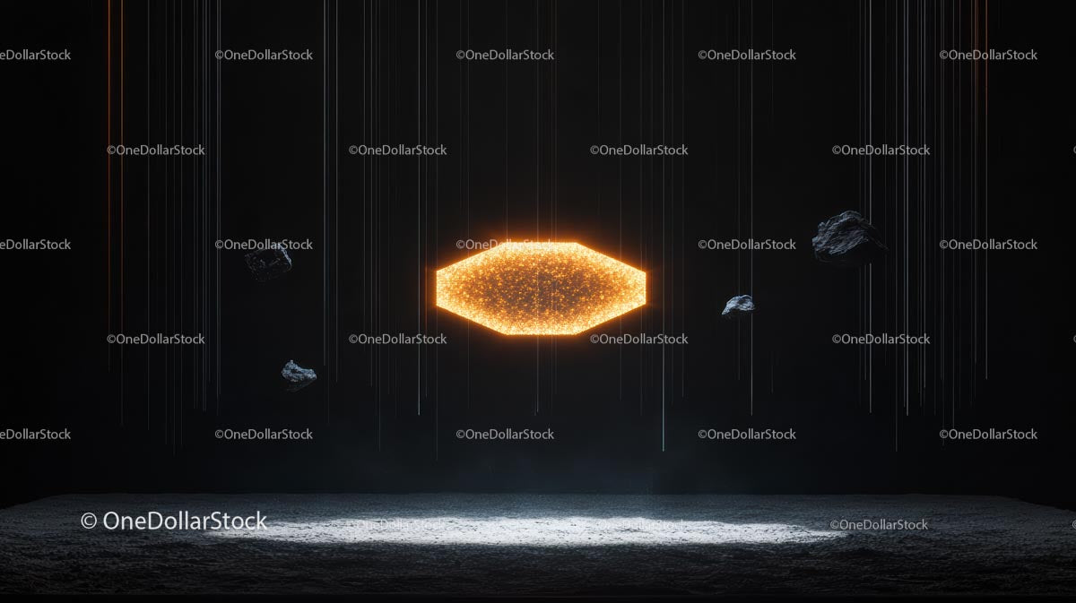 Futurystyczna scena z jaskrawo sześciokątnym kształtem i asteroidami