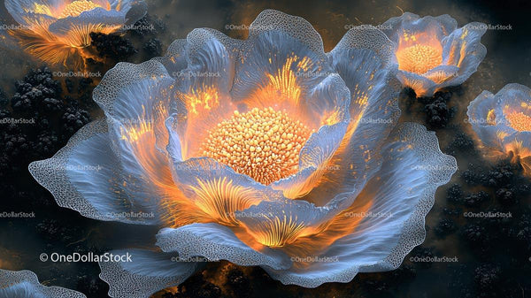 Abstract Luminous Flowers with Blue Petals and Orange Glow