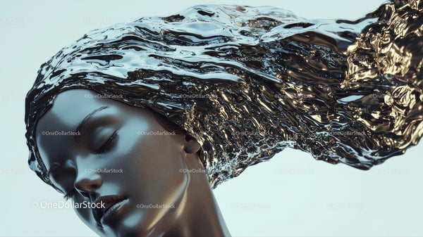 Surreal Metallic Portrait with Flowing Hair Design
