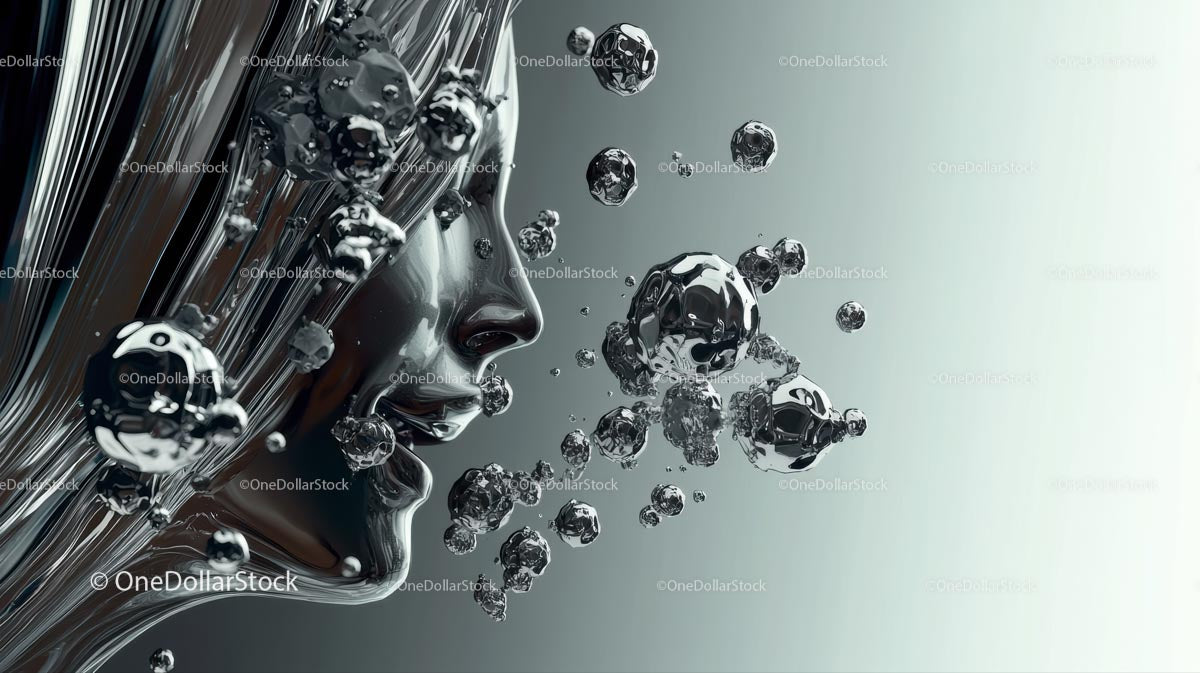 Futurystyczna metaliczna twarz z unoszącymi się srebrnymi bąbelkami