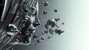Futuristic Metallic Face with Floating Silver Bubbles