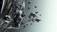 Futuristic Metallic Face with Floating Silver Bubbles