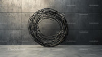 Modern Circular Wire Sculpture Against Concrete Wall