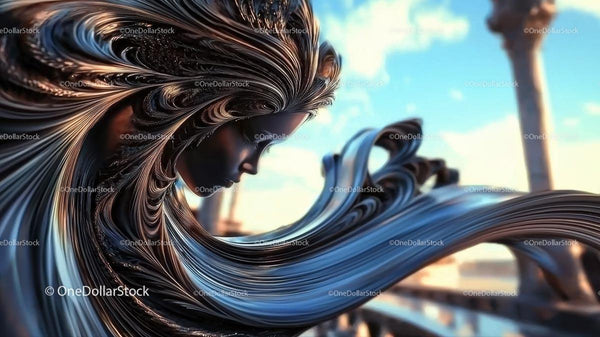 Surreal Metallic Portrait of a Woman with Flowing Hair