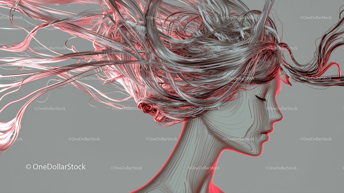 Abstract 3D Portrait with Flowing Hair Design