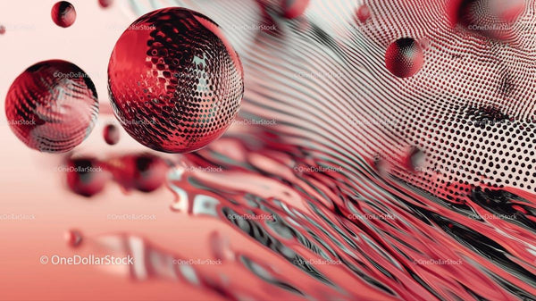 Abstract Red Spheres with Fluid Lines and Geometric Patterns