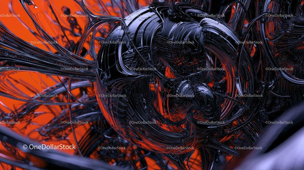 Złożony futurystyczny design z błyszczącym metalem na pomarańczowym tle