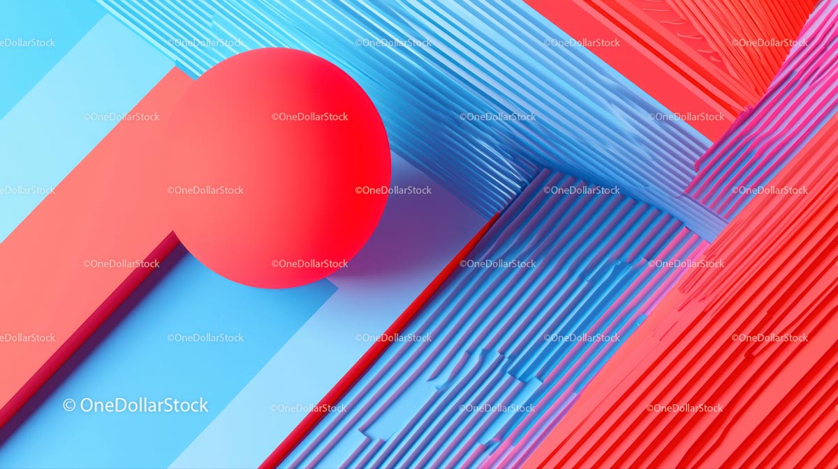 Abstrakcyjna kompozycja geometryczna z czerwoną kulą i niebieskimi liniami