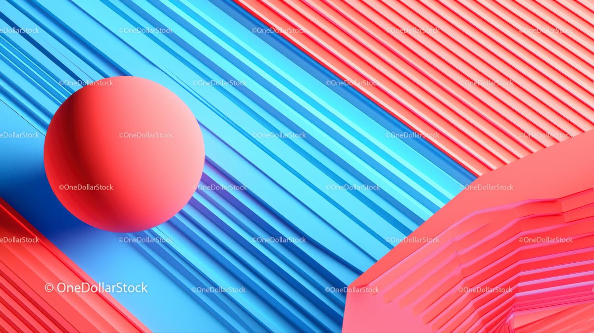 Abstrakcyjna czerwona kula na niebieskim i czerwonym tle geometrycznym