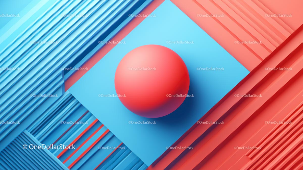 Czerwona kula na niebieskim tle z geometrycznymi wzorami