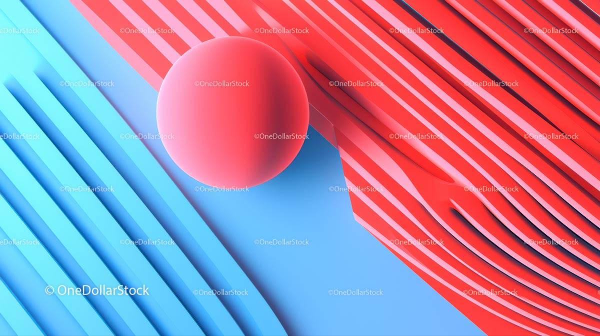 Abstrakcja geometryczna z czerwoną kulą i niebieskimi paskami