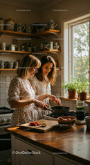 Two Women Cooking Together in a Cozy Kitchen Setting