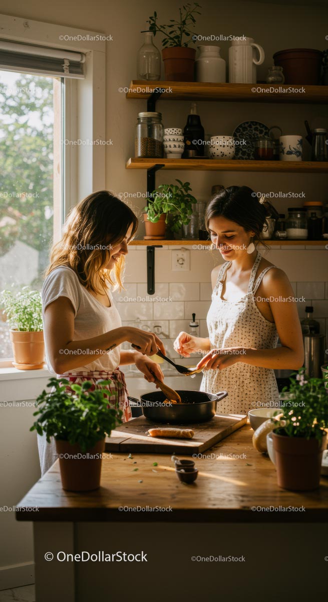 Two Women Cooking in Sunlit Kitchen with Fresh Herbs