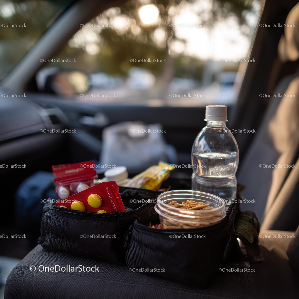 Travel Essentials with Snacks and First Aid Kit in Car