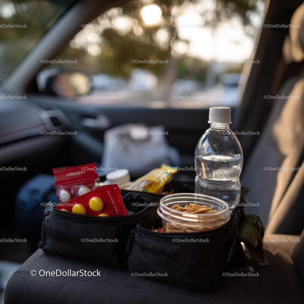 Organized Car Interior with Travel Snacks and Essentials