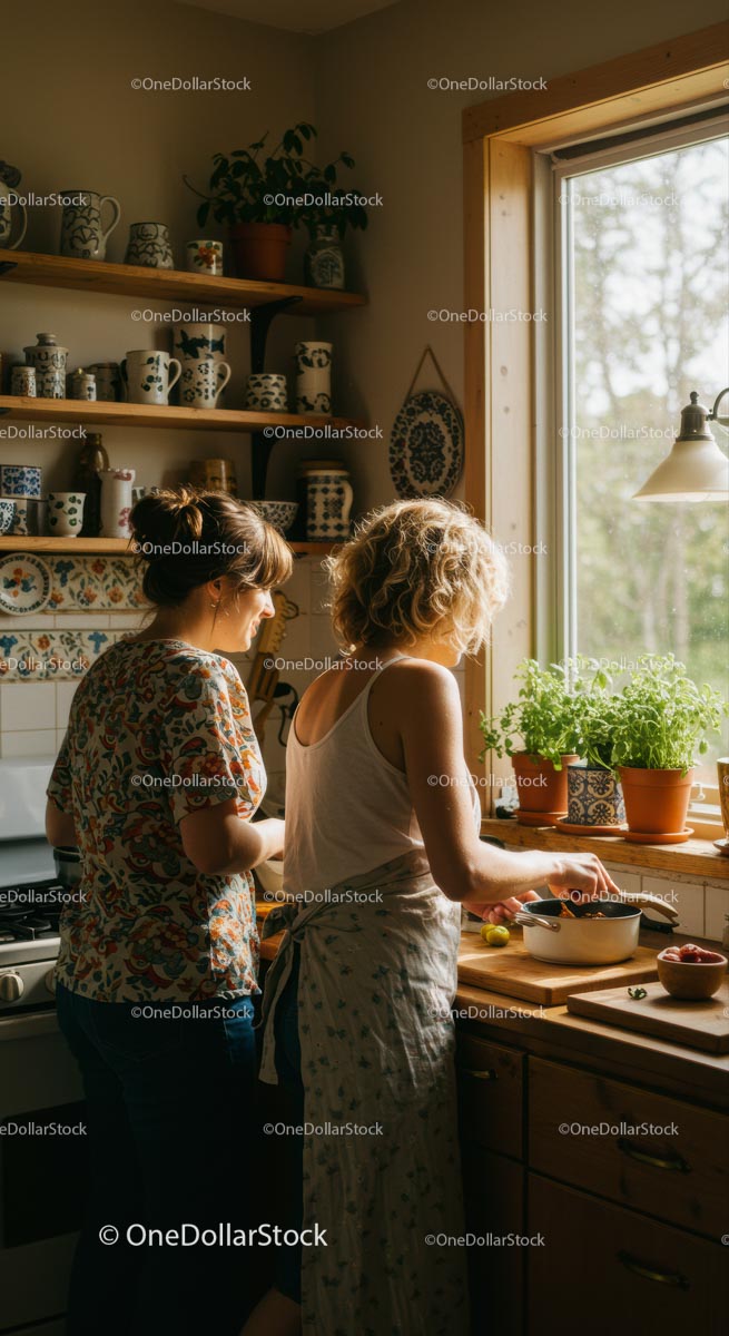 Two Women Cooking with Fresh Herbs in Cozy Kitchen