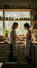 Two Women Preparing Food in Sunlit Kitchen