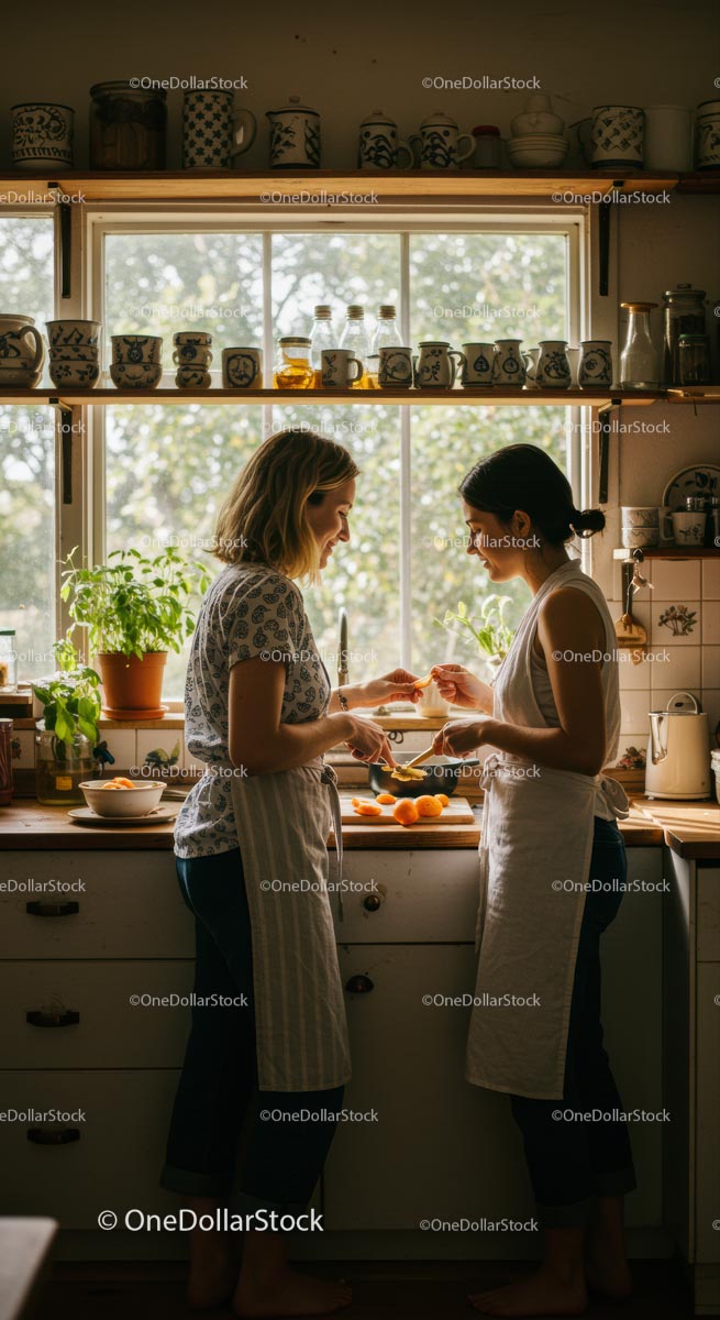 Two Women Preparing Food in Sunlit Kitchen