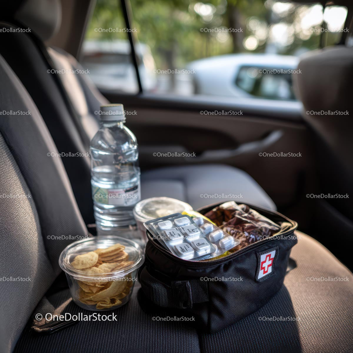 Travel Essentials with Snacks and First Aid Kit in Car
