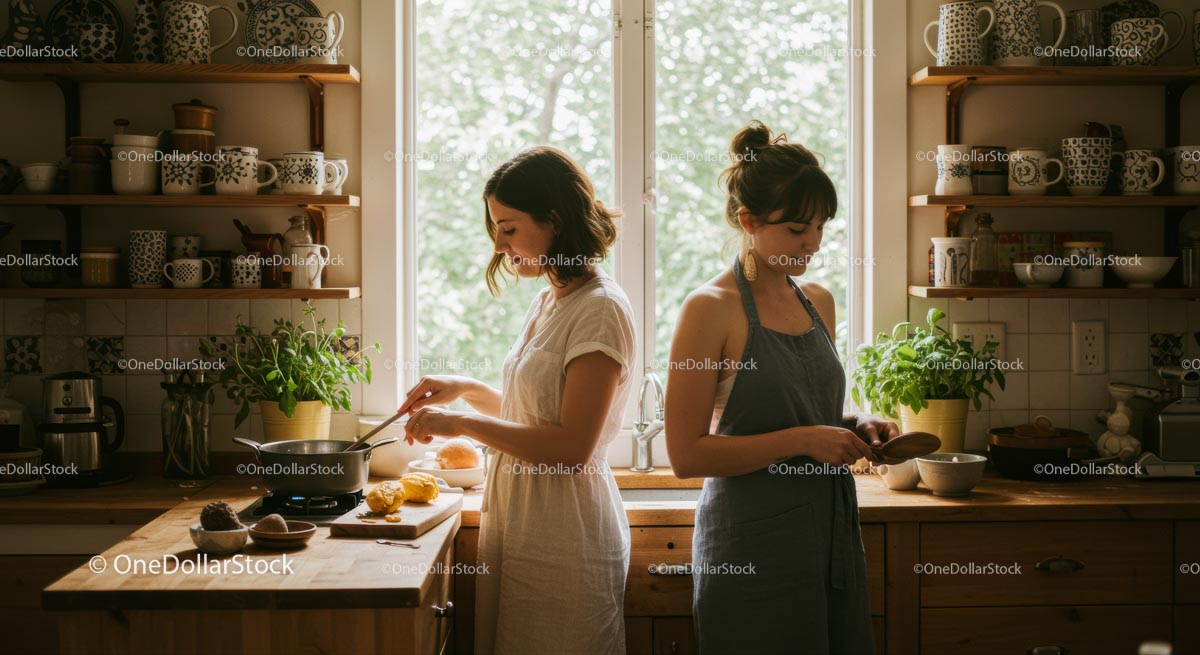 Two Women Cooking Together in Bright Kitchen