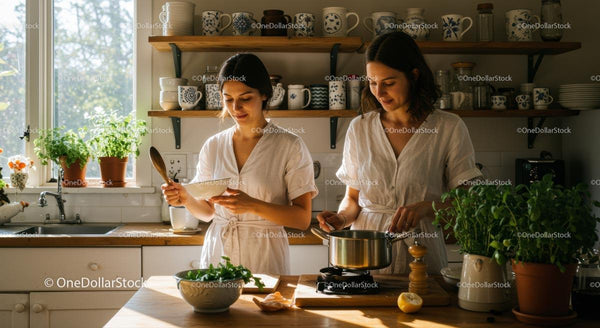 Dwie kobiety gotujące z świeżymi ziołami w słonecznej kuchni