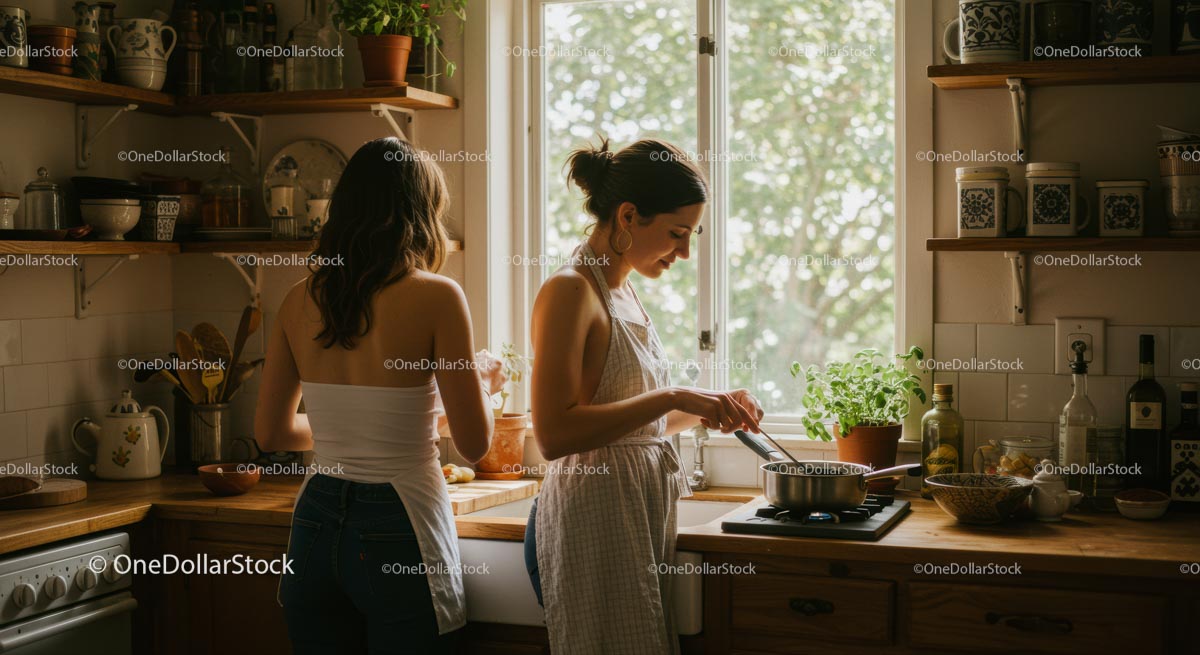 Two Friends Cooking Together in Cozy Sunlit Kitchen