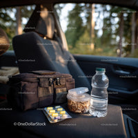 Travel Essentials with Snacks and First Aid Kit in Car