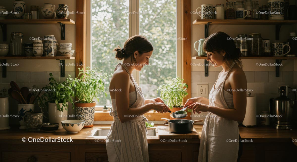 Two Women Cooking with Fresh Herbs in Cozy Kitchen