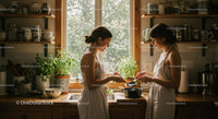 Two Women Cooking with Fresh Herbs in Cozy Kitchen