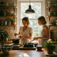 Two Women Cooking Together in a Sunlit Kitchen