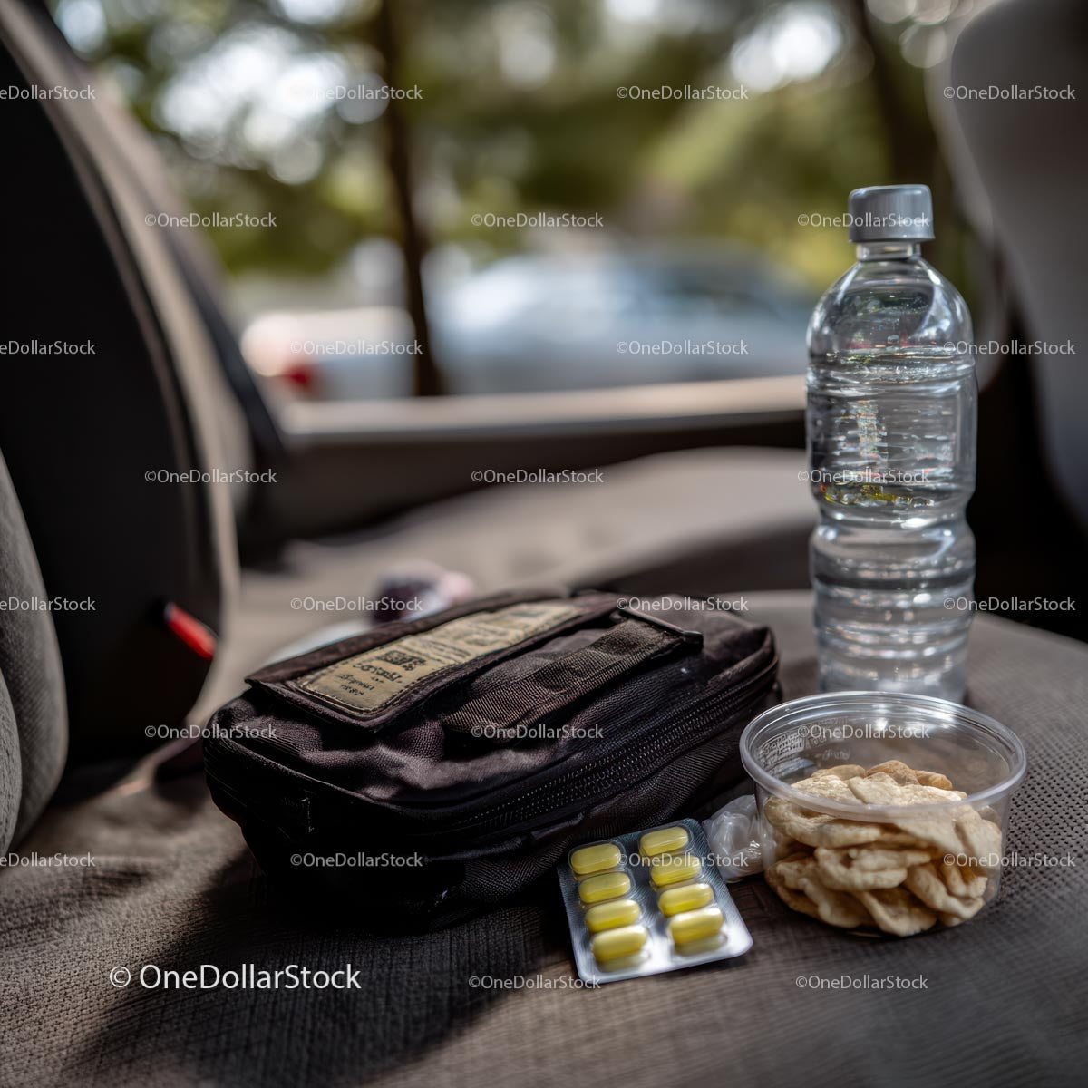 Travel Essentials with Snacks and First Aid Kit in Car