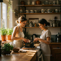 Two Women Cooking Together in a Sunlit Kitchen