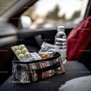 Travel Essentials with Snacks and First Aid Kit in Car