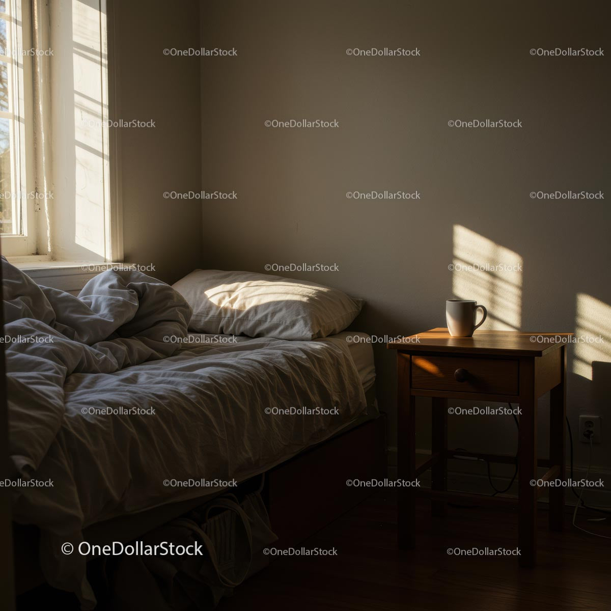 Sunlit Cozy Bedroom with White Linens and Wooden Table