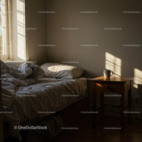 Sunlit Cozy Bedroom with White Linens and Wooden Table