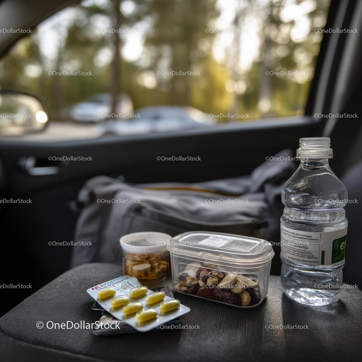 Travel Essentials on Car Seat: Snacks and Hydration